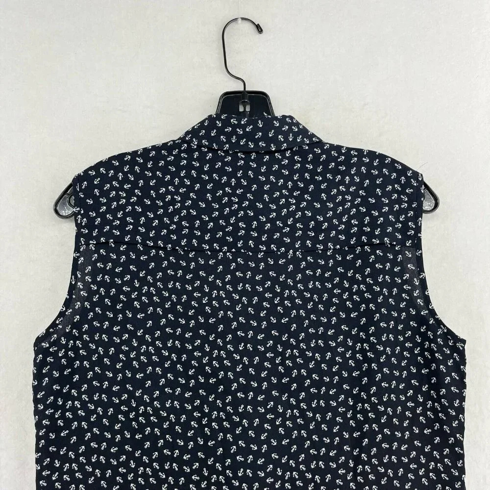 Ann Taylor Button-Up Shirt Women's Sz S Black Anchor Print Collared Side Slit - Picture 7 of 11